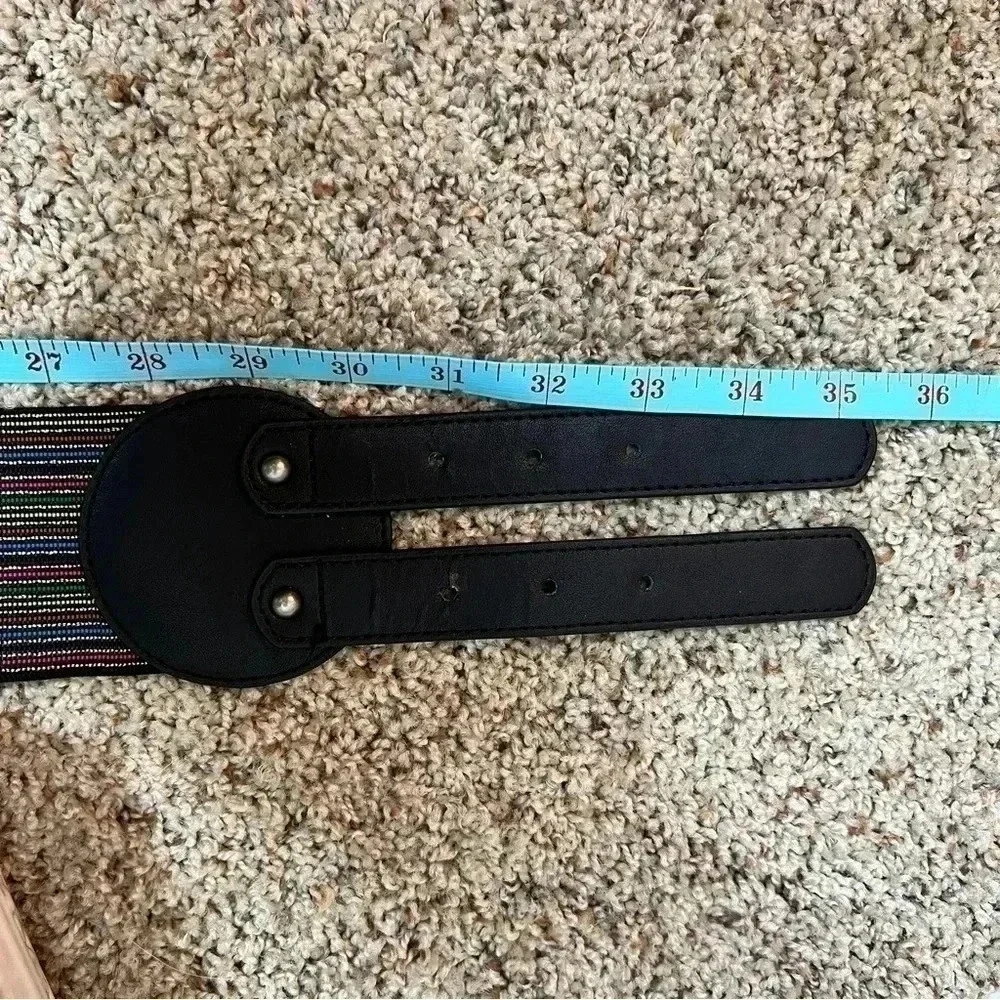 Women’s Wide Multicolored Elastic Vegan Leather Brushed Silver Tone Buckles Belt